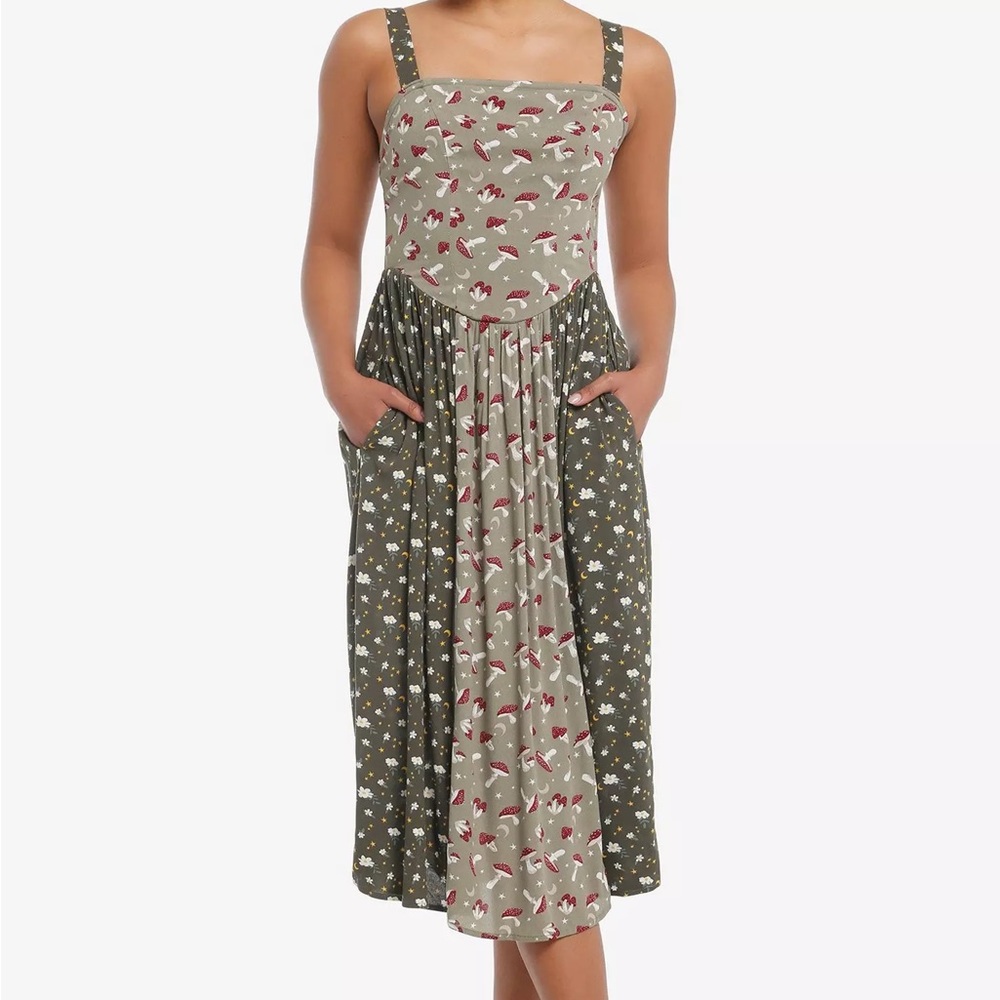 Thorn & Fable Mushroom Green Color-Block Midi Cami Dress Hot Topic